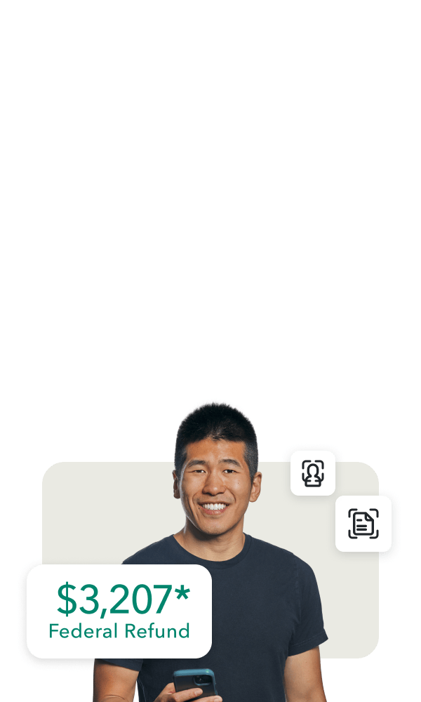 A young man smiles widely after reviewing his tax refund on his smartphone